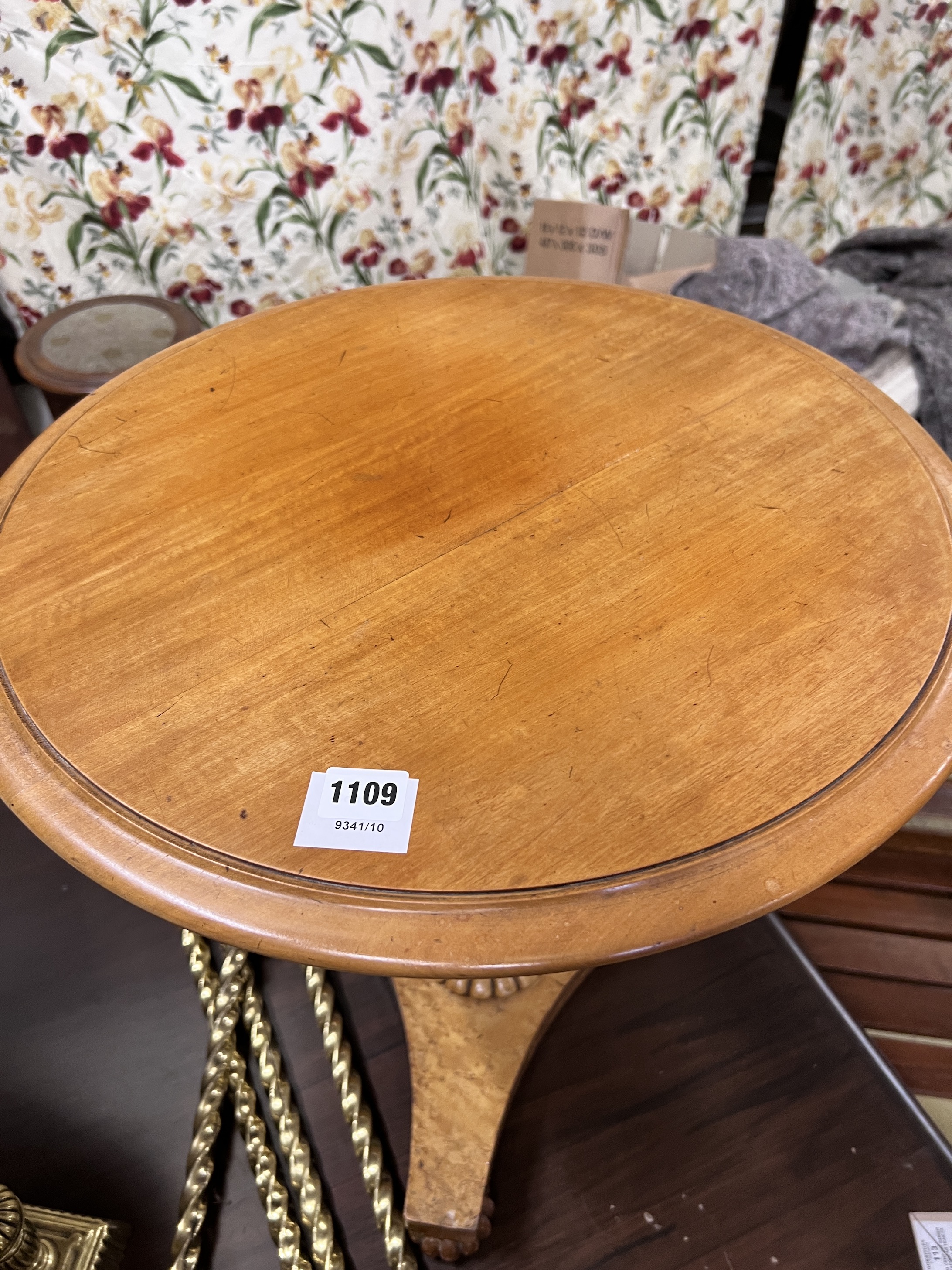 A Victorian bird's eye maple and bois clair occasional table (with later top), width 51cm, height 52cm